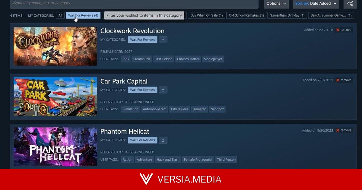 Steam wishlists are getting categories, making it even easier to organise all those games you'll definitely buy next sale